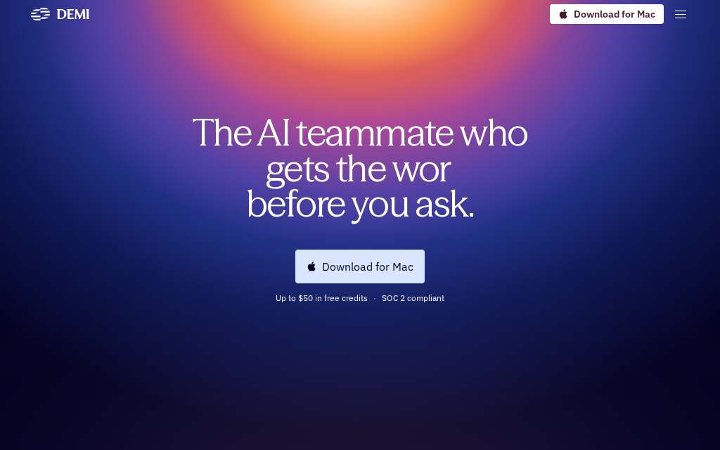 Live homepage screenshot of Demi.ai captured by SEOVally