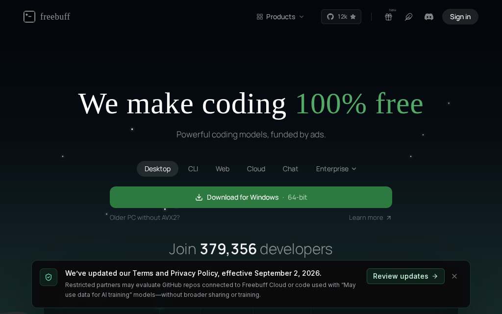 Live homepage screenshot of Freebuff.com captured by SEOVally