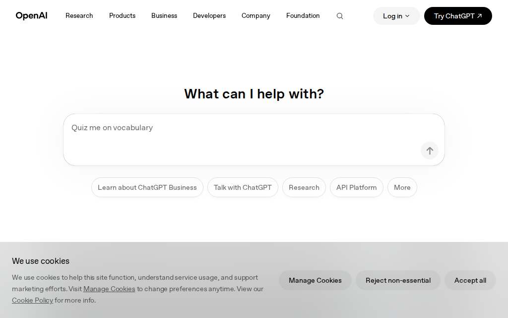 Live homepage screenshot of Openai.com captured by SEOVally