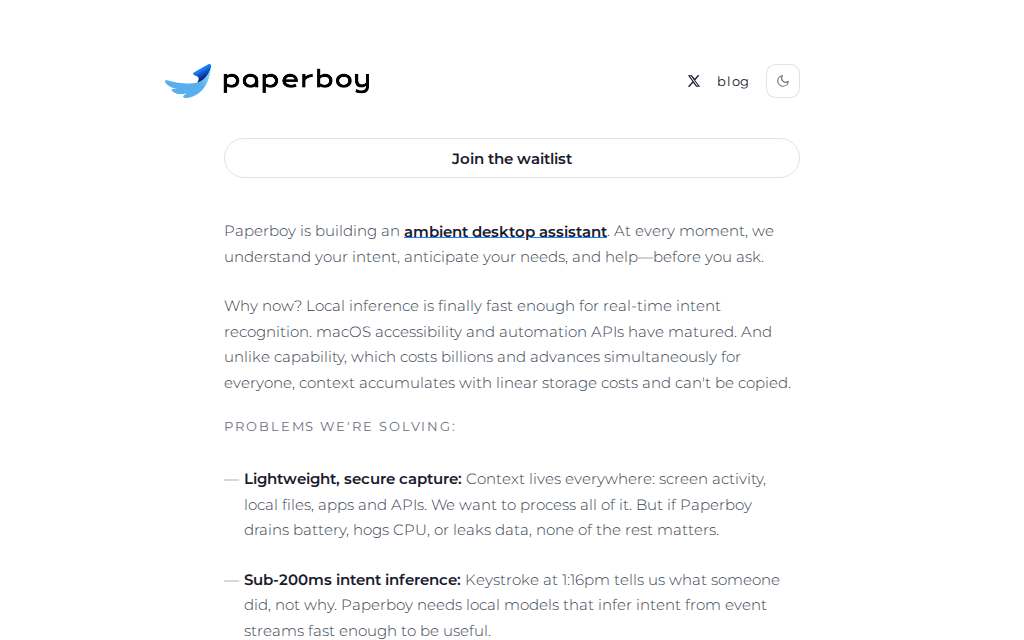 Live homepage screenshot of Paperboy.ai captured by SEOVally