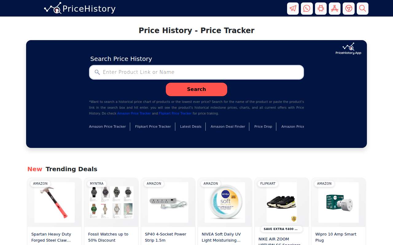 Live homepage screenshot of Pricehistory.app captured by SEOVally