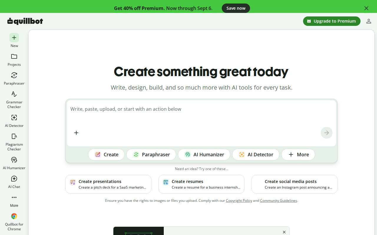 Live homepage screenshot of Quillbot.com captured by SEOVally