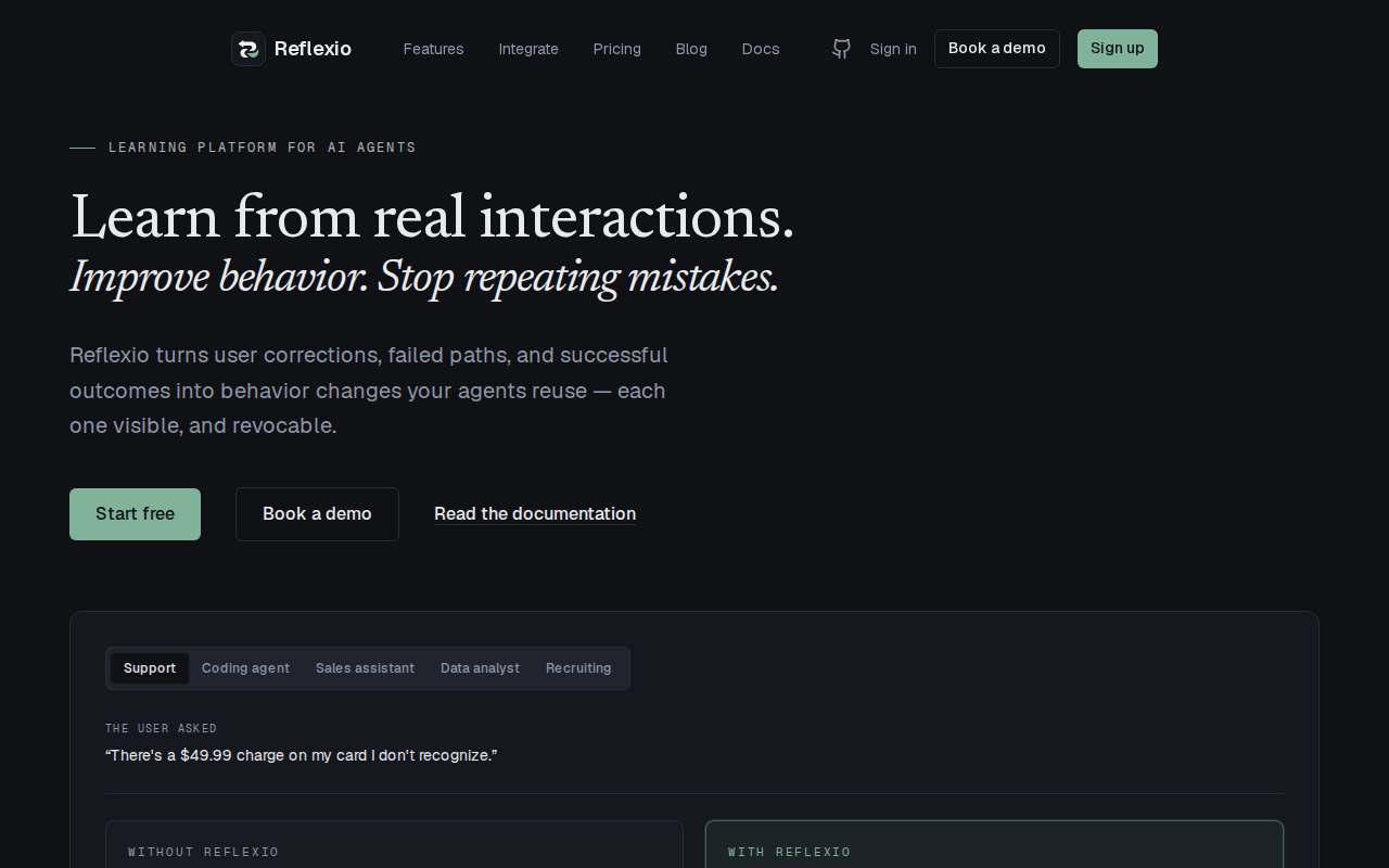 Live homepage screenshot of Reflexio.ai captured by SEOVally